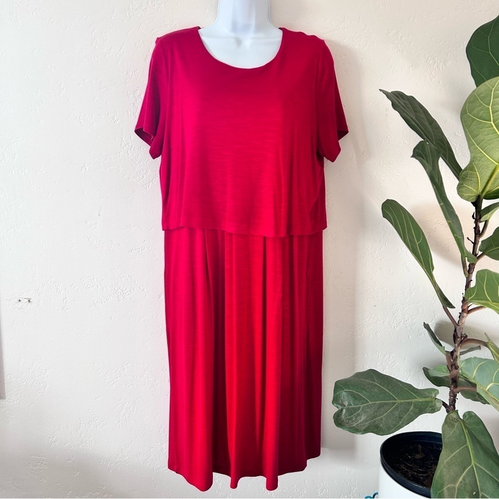 J. JILL Jersey Knit Layered Short Sleeve Sangria Dress Pockets Red Size Medium - Picture 2 of 11